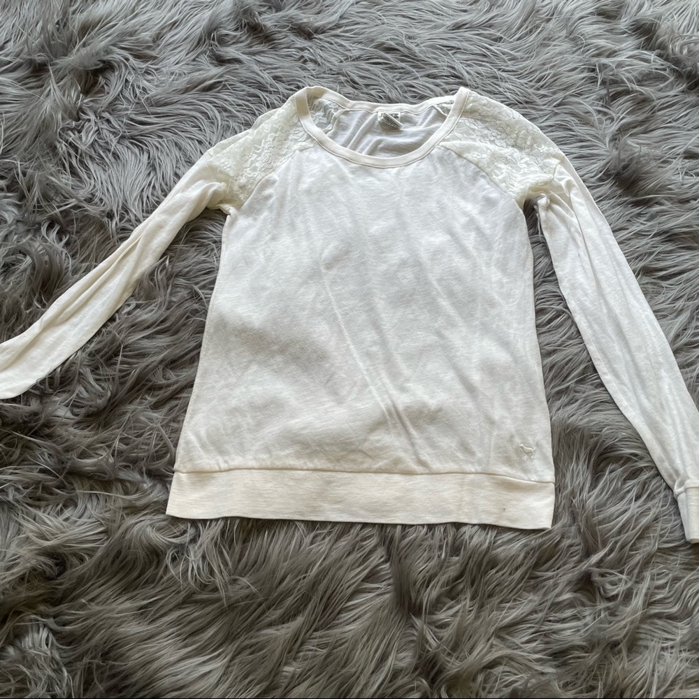 VS PINK Cream White Long Sleeve Lace Shirt Size Small